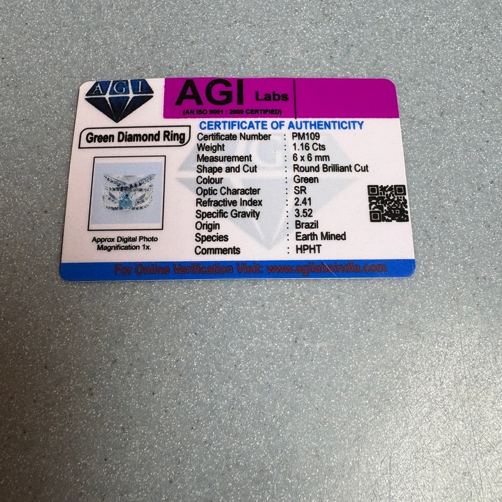 CERTIFIED AGI GENUINE NATURAL MINED 1.16CT Green Diamond Engagement Ring - Picture 7 of 8